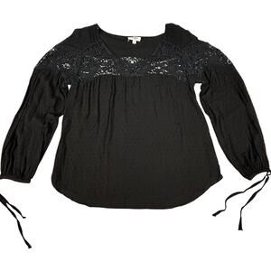 Umgee Lace Top Swiss Dot Womens M Black Boho Babydoll Coquette Flowy Blouse